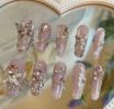 Press on Nail Nude Purple Color,Handmade Acrylic Fake Nails with Luxurious 3D Crystal False Nails Art Gift for Girls and Women