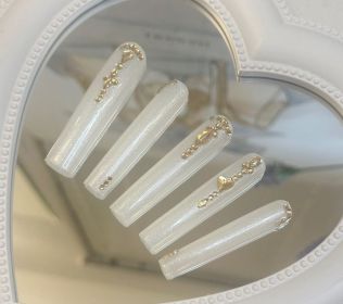 Luxury Handmade Press On Nail Long,Acrylic White False Nails with 3d Diamond,Design by Nail Technician, Handmade Painted Nail Art Decoration Fake Nail (Color: Medium)