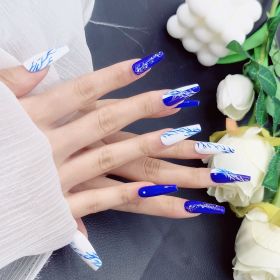 Square Press on Nails Long Fake Nails Blue Glue on Nails 10pcs Squoval Acrylic Nails with Designs Full Cover False Nails (Color: Xs)