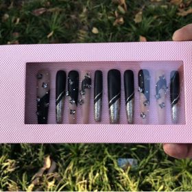 Long Press on Nails Coffin,Black Pink Fake Nails with 3D Diamond Design, Nails for Women Girls Full Cover Acrylic Artificial False Stick on Nail for W (Color: Medium)