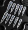 Press on Nails Full Cover Luxurious 3D Sliver Crystal False Nails Super Extra Long Stiletto Diamonds Art Decoration Fake Nails Manicure Kit Nail Art T