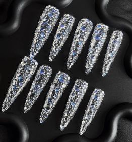 Press on Nails Full Cover Luxurious 3D Sliver Crystal False Nails Super Extra Long Stiletto Diamonds Art Decoration Fake Nails Manicure Kit Nail Art T (Color: Large)